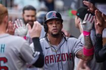 Jun 3, 2025; Atlanta, Georgia, USA; Arizona Diamondbacks second baseman Ketel Marte (4) celebrates with teammates after a two-run home run against the Atlanta Braves in the third inning at Truist Park.
