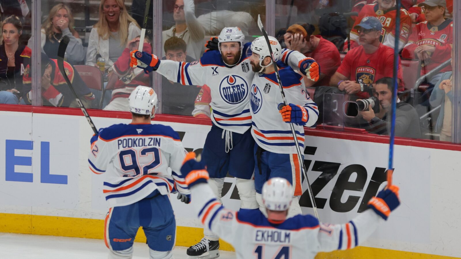 Edmonton Oilers center Leon Draisaitl (29) celebrates scoring in overtime against the Florida Panthers in game four of the 2025 Stanley Cup Final at Amerant Bank Arena.