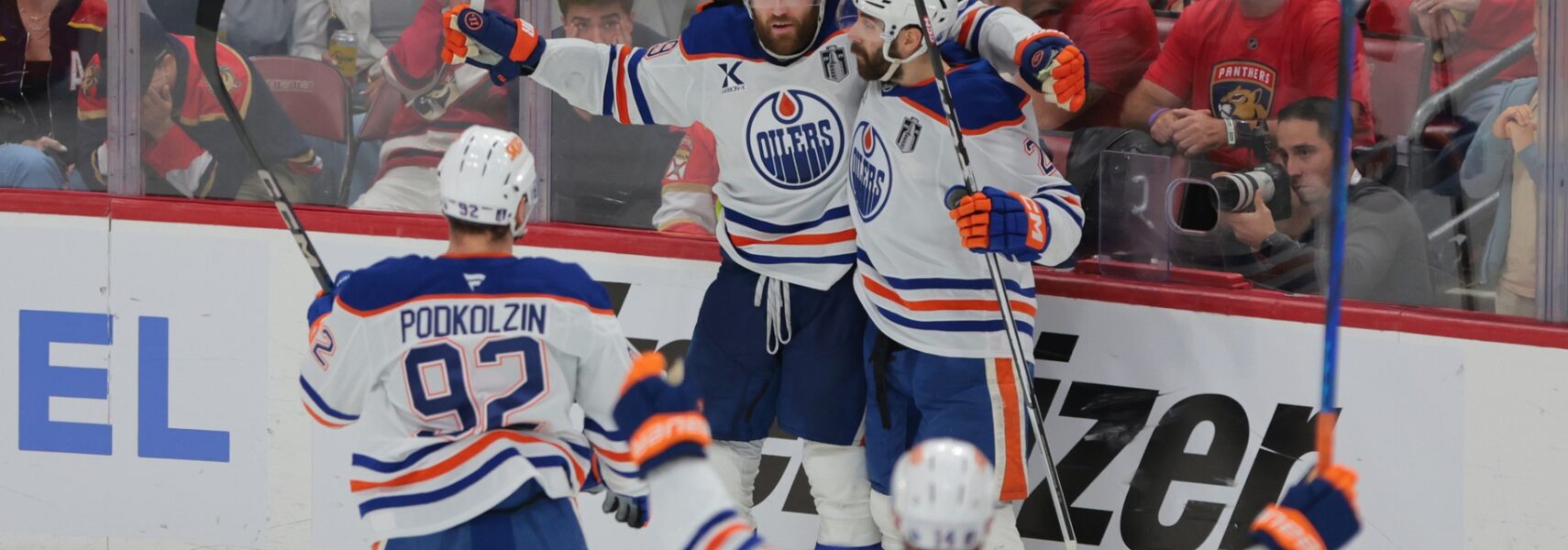 Edmonton Oilers center Leon Draisaitl (29) celebrates scoring in overtime against the Florida Panthers in game four of the 2025 Stanley Cup Final at Amerant Bank Arena.
