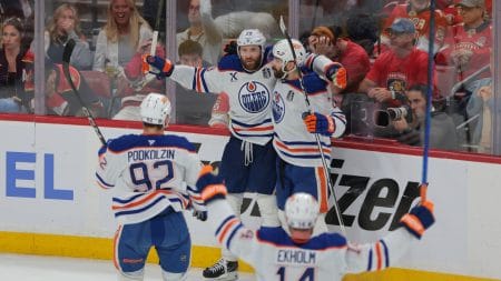 Edmonton Oilers center Leon Draisaitl (29) celebrates scoring in overtime against the Florida Panthers in game four of the 2025 Stanley Cup Final at Amerant Bank Arena.