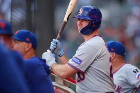 Jun 19, 2025; Atlanta, Georgia, USA; New York Mets first baseman Pete Alonso (20) in the dugout before a game against the Atlanta Braves at Truist Park.