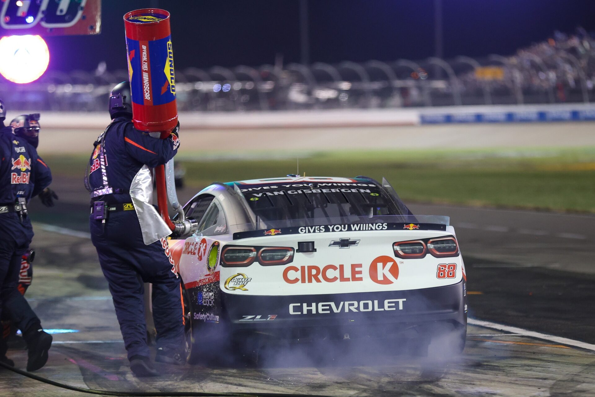 Jun 1, 2025; Lebanon, Tennessee, USA; NASCAR Cup Series driver Shane van Gisbergen (88) pits during the Cracker Barrel 400 at Nashville Superspeedway.