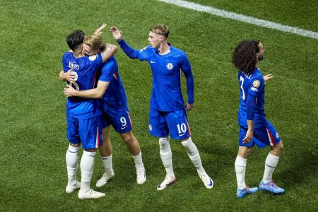 Chelsea FC midfielder Enzo Fernandez (8) celebrates after scoring the second goal of the game during the second half during a group stage match of the 2025 FIFA Club World Cup at Mercedes-Benz Stadium.