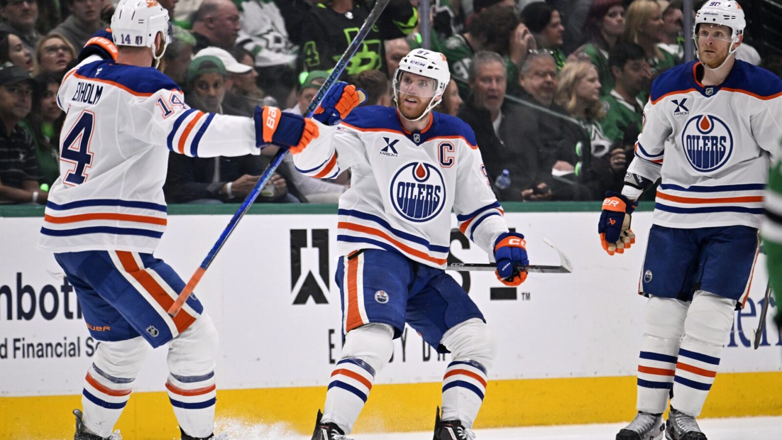 May 29, 2025; Dallas, Texas, USA; Edmonton Oilers center Connor McDavid (97) reacts after scoring a goal against the Dallas Stars during the second period in game five of the Western Conference Final of the 2025 Stanley Cup Playoffs at American Airlines Center.