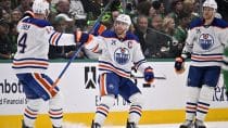 May 29, 2025; Dallas, Texas, USA; Edmonton Oilers center Connor McDavid (97) reacts after scoring a goal against the Dallas Stars during the second period in game five of the Western Conference Final of the 2025 Stanley Cup Playoffs at American Airlines Center.