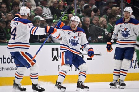 May 29, 2025; Dallas, Texas, USA; Edmonton Oilers center Connor McDavid (97) reacts after scoring a goal against the Dallas Stars during the second period in game five of the Western Conference Final of the 2025 Stanley Cup Playoffs at American Airlines Center.