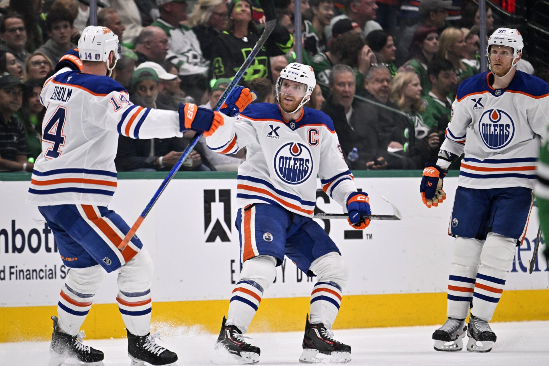 May 29, 2025; Dallas, Texas, USA; Edmonton Oilers center Connor McDavid (97) reacts after scoring a goal against the Dallas Stars during the second period in game five of the Western Conference Final of the 2025 Stanley Cup Playoffs at American Airlines Center.