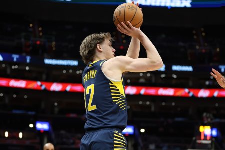 Mar 27, 2025; Washington, District of Columbia, USA; Indiana Pacers forward Johnny Furphy (12) shoots during the second half against the Washington Wizards at Capital One Arena.
