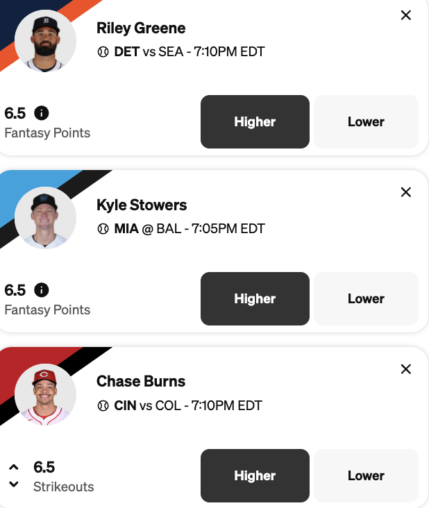 Today's MLB Underdog Pick'em 3-pick slip featuers Riley Greene, Kyle Stowers, and Chase Burns - July 11, 2025