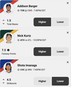 Today's MLB pick'em slip features Addison Barger, Nick Kurtz, and Shota Imanaga. July 8, 2025