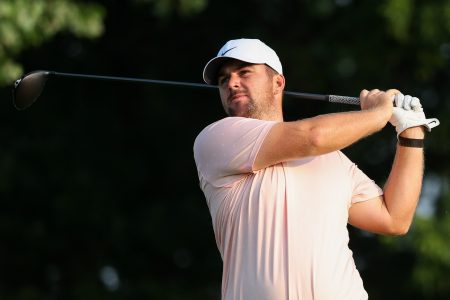 Jul 25, 2025; Blaine, Minnesota, USA; Chris Gotterup plays his shot from the 11th tee during the second round of the 3M Open golf tournament.
