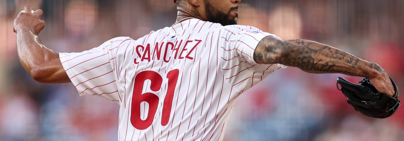 Jul 2, 2025; Philadelphia, Pennsylvania, USA; Philadelphia Phillies pitcher Cristopher Sanchez (61) throws a pitch against the San Diego Padres during the fourth inning at Citizens Bank Park.