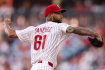 Jul 2, 2025; Philadelphia, Pennsylvania, USA; Philadelphia Phillies pitcher Cristopher Sanchez (61) throws a pitch against the San Diego Padres during the fourth inning at Citizens Bank Park.