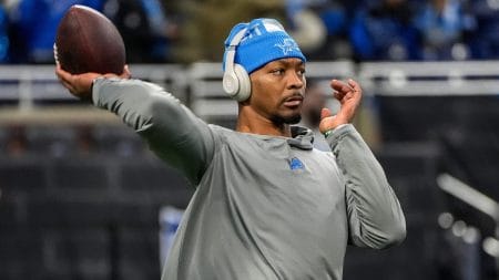 Detroit Lions quarterback Hendon Hooker (2) warms up before the game between Detroit Lions and Minnesota Vikings at Ford Field in Detroit on Sunday, Jan. 5, 2025. Hooker is one of our favorite Hall of Fame Game props this week.