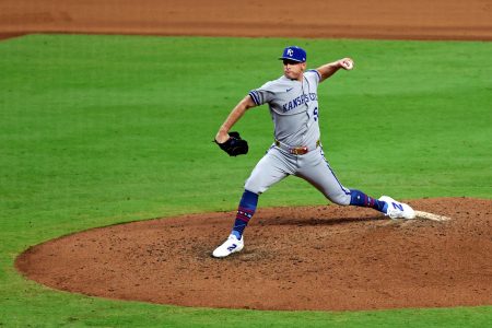 Jul 15, 2025; Cumberland, Georgia, USA; American League pitcher Kris Bubic (50) of the Kansas City Royals during the sixth inning during the 2025 MLB All Star Game at Truist Park.