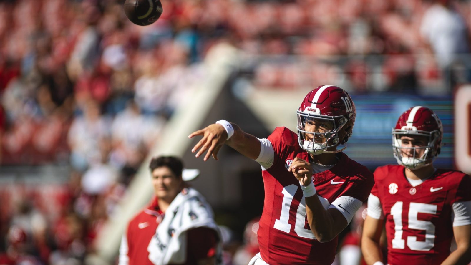Tuscaloosa, Alabama, USA; Alabama Crimson Tide quarterback Ty Simpson (15) throws during warmups at Bryant-Denny Stadium.