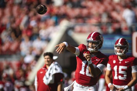 Tuscaloosa, Alabama, USA; Alabama Crimson Tide quarterback Ty Simpson (15) throws during warmups at Bryant-Denny Stadium.