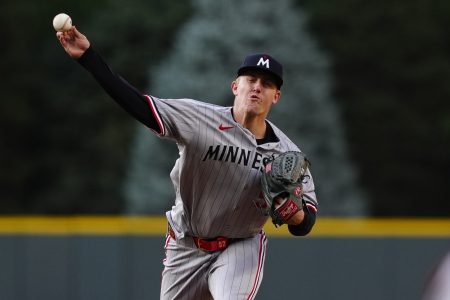 Jul 19, 2025; Denver, Colorado, USA; Minnesota Twins starting pitcher Zebby Matthews (52) delivers a pitch in the first inning against the Colorado Rockies at Coors Field.