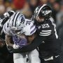 Iowa State Cyclones linebacker Will McLaughlin (23) takes down Kansas State Wildcats running back DJ Giddens (31) during the first quarter in the NCAA football at Jack Trice Stadium on Saturday, Nov. 30, 2024, in Ames, Iowa.