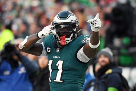 Jan 26, 2025; Philadelphia, PA, USA; Philadelphia Eagles wide receiver A.J. Brown (11) reacts after a play against the Washington Commanders during the first half in the NFC Championship game at Lincoln Financial Field.