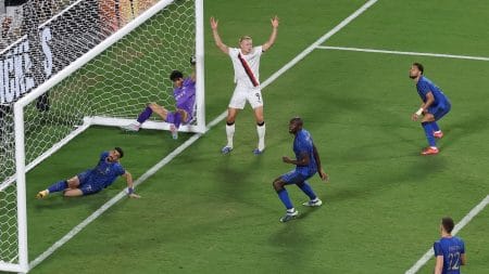 [Subscription Customers Only] Jun 30, 2025; Orlando, Florida, USA; Manchester City forward Erling Haaland (9) reacts after missing a chance to score during a round of 16 match of the 2025 FIFA Club World Cup at Camping World Stadium.