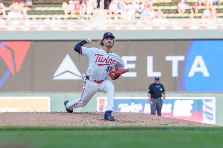Minnesota Twins starting pitcher Joe Ryan (41) pitches to Washington Nationals first baseman Nathaniel Lowe (33) in the second inning at Target Field.