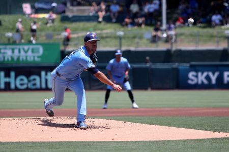 Jul 13, 2025; West Sacramento, California, USA; Toronto Blue Jays starting pitcher Jose Berrios (17) throws a pitch against the Athletics during the first inning at Sutter Health Park.
