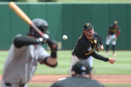 Jul 27, 2025; Pittsburgh, Pennsylvania, USA; Pittsburgh Pirates starting pitcher Paul Skenes (30) pitches to Arizona Diamondbacks first baseman Tristin English (30) during the third inning at PNC Park.