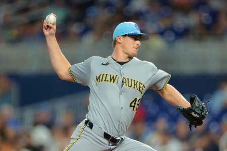 Jul 4, 2025; Miami, Florida, USA; Milwaukee Brewers starting pitcher Quinn Priester (46) delivers a pitch against the Miami Marlins during the first inning at loanDepot Park.