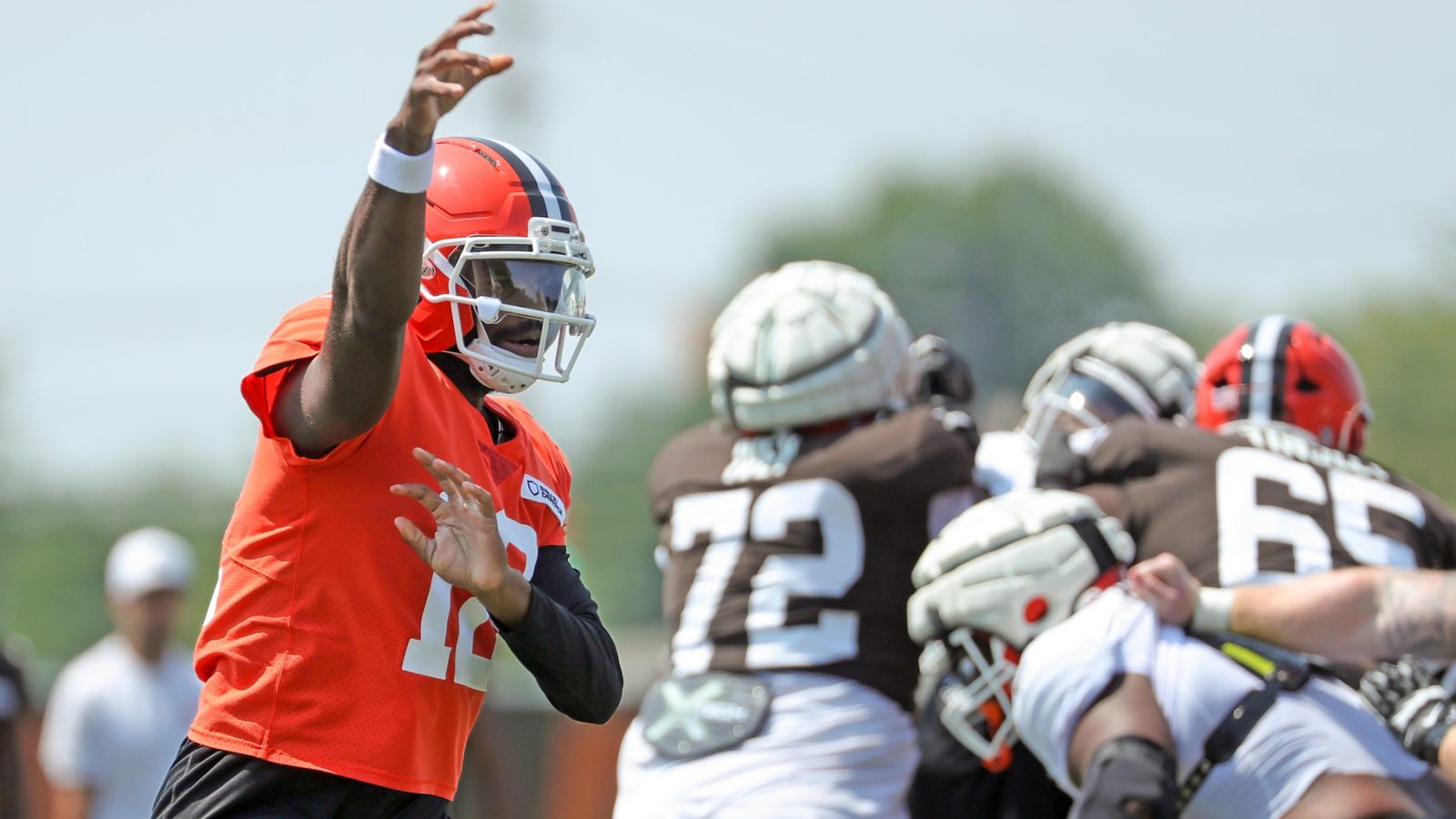 Cleveland Browns quarterback Shedeur Sanders (12) throws during NFL training camp at CrossCountry Mortgage Campus, Friday, Aug. 1, 2025, in Berea, Ohio. Sanders is one of our best preseason props today.