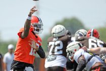 Cleveland Browns quarterback Shedeur Sanders (12) throws during NFL training camp at CrossCountry Mortgage Campus, Friday, Aug. 1, 2025, in Berea, Ohio. Sanders is one of our best preseason props today.
