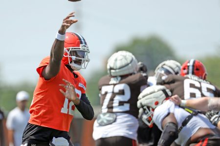 Cleveland Browns quarterback Shedeur Sanders (12) throws during NFL training camp at CrossCountry Mortgage Campus, Friday, Aug. 1, 2025, in Berea, Ohio. Sanders is one of our best preseason props today.