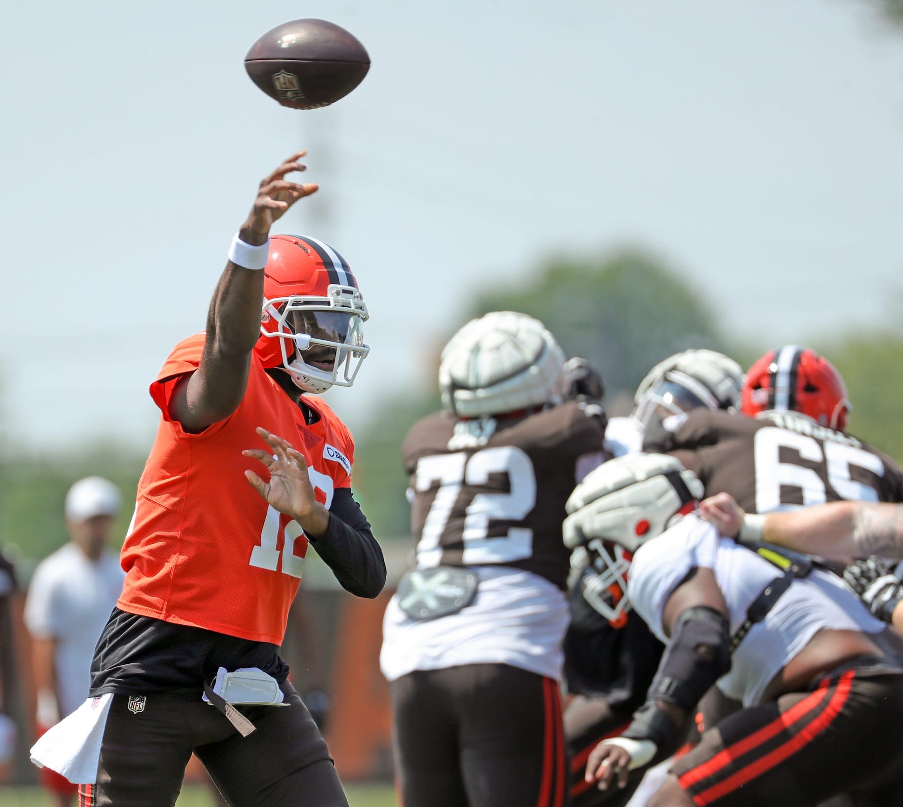 Cleveland Browns quarterback Shedeur Sanders (12) throws during NFL training camp at CrossCountry Mortgage Campus, Friday, Aug. 1, 2025, in Berea, Ohio. Sanders is one of our best preseason props today.
