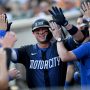 Aug 8, 2025; Detroit, Michigan, USA; Detroit Tigers first base Spencer Torkelson (20) celebrates in the dugout after hitting a solo home run against the Los Angeles Angels in the second inning at Comerica Park.