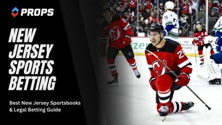 NJ sports betting, written on a dark overlay next to a photo of Timo Meier.
