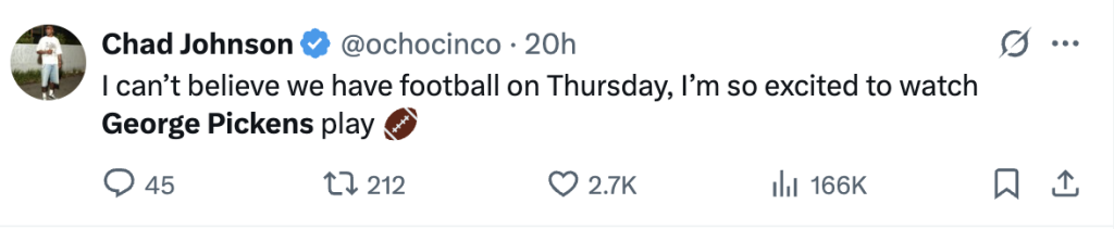 Chad Johnson excited to see Geroge Pickens play via "X".
