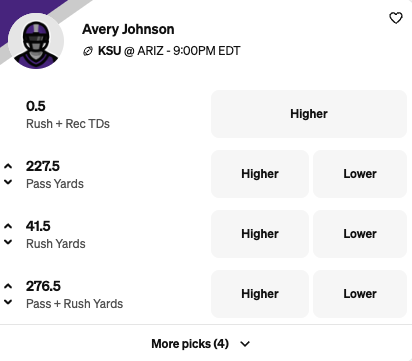 College Football Week 3 Predictions:Avery Johnson Underdog Projections for the Kansas Sate vs. Arizona CFB game.