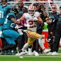 San Francisco 49ers running back Christian McCaffrey (23) runs after a catch against Jacksonville Jaguars linebacker Yasir Abdullah (56) during the second half at Levi's Stadium.