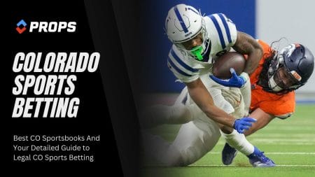 Colorado sports betting written over a black overlay, next to an image of a Denver Broncos player being tackled.