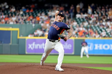 Aug 31, 2025; Houston, Texas, USA; Houston Astros starting pitcher Hunter Brown (58) delivers a pitch against the Los Angeles Angels during the first inning at Daikin Park.