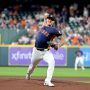 Aug 31, 2025; Houston, Texas, USA; Houston Astros starting pitcher Hunter Brown (58) delivers a pitch against the Los Angeles Angels during the first inning at Daikin Park.