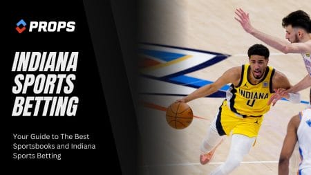 Indiana sports betting on a black overlay, next to an image of Tyrese Haliburton dribbling the basketball.