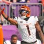 Sep 21, 2025; Minneapolis, Minnesota, USA; Cincinnati Bengals wide receiver Ja'Marr Chase (1) reacts after making a catch against the Minnesota Vikings during the second half at U.S. Bank Stadium.
