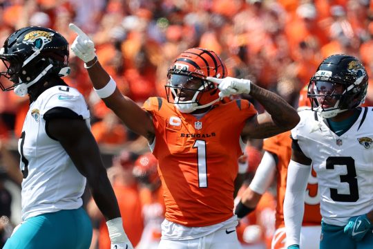 Sep 14, 2025; Cincinnati, Ohio, USA; Cincinnati Bengals wide receiver Ja'Marr Chase (1) celebrates the first down catch during the first quarter against the Jacksonville Jaguars at Paycor Stadium.
