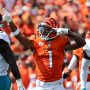 Sep 14, 2025; Cincinnati, Ohio, USA; Cincinnati Bengals wide receiver Ja'Marr Chase (1) celebrates the first down catch during the first quarter against the Jacksonville Jaguars at Paycor Stadium.