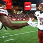 Jan 12, 2025; Tampa, Florida, USA; Washington Commanders quarterback Jayden Daniels (5) celebrates with wide receiver Terry McLaurin (17) after winning a NFC wild card playoff against the Tampa Bay Buccaneers at Raymond James Stadium.