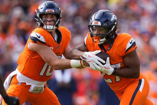Sep 7, 2025; Denver, Colorado, USA; Denver Broncos running back J.K. Dobbins (27) receives a hand off from quarterback Bo Nix (10) during the second half at Empower Field at Mile High.