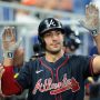 Aug 27, 2025; Miami, Florida, USA; Atlanta Braves first baseman Matt Olson (28) celebrates after hitting a home run against the Miami Marlins during the third inning at loanDepot Park.