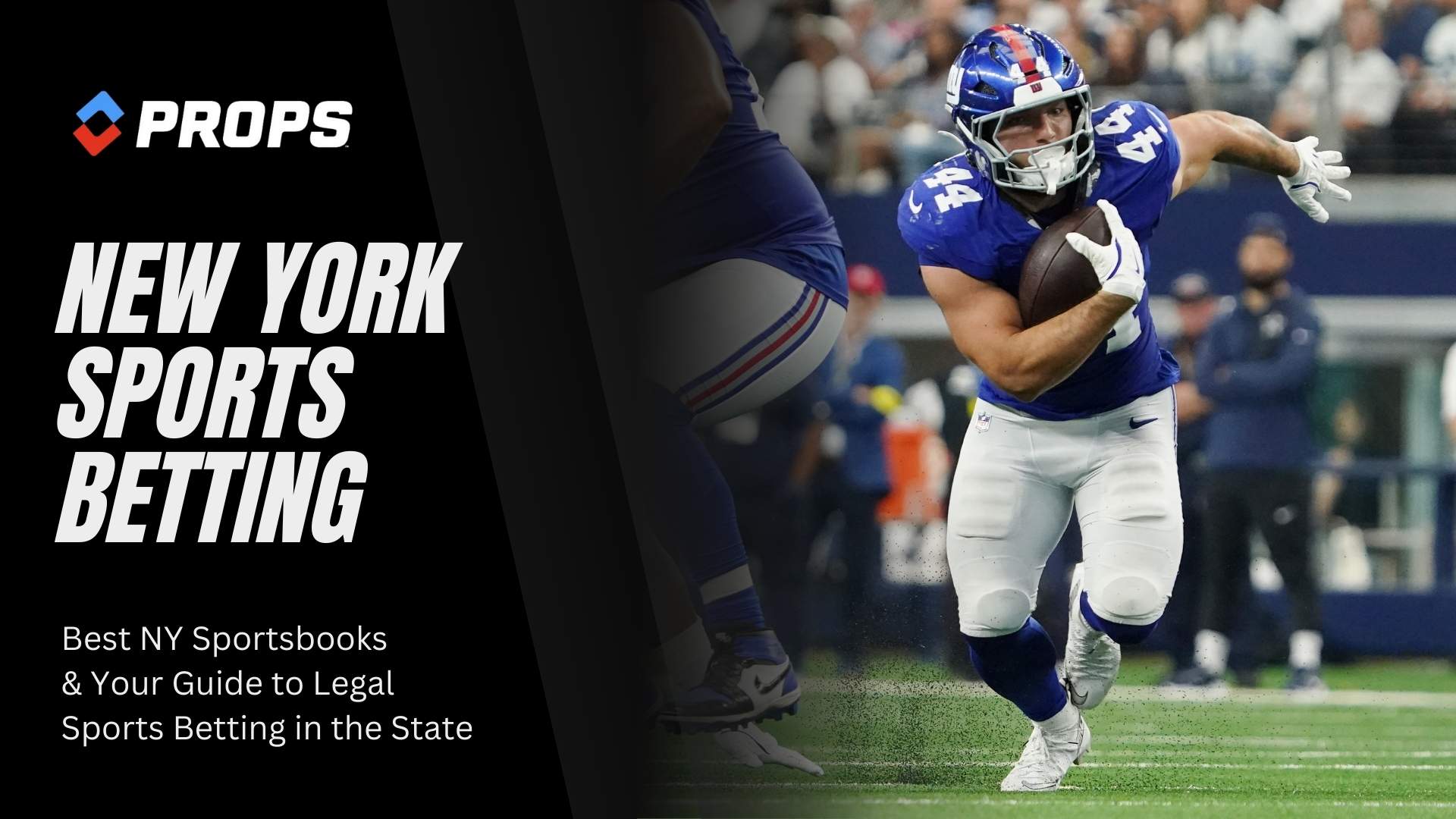 New York sports betting written besides a photo of a New York Giants player runing with the ball.