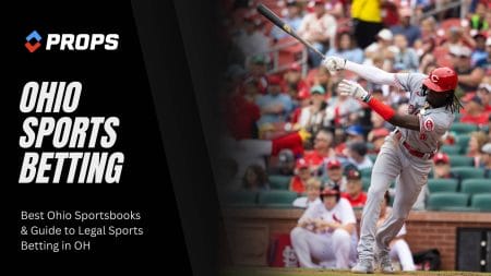 Ohio sports betting, written on a dark overlay beside a Cincinatti Reds player swinging a baseball bat.